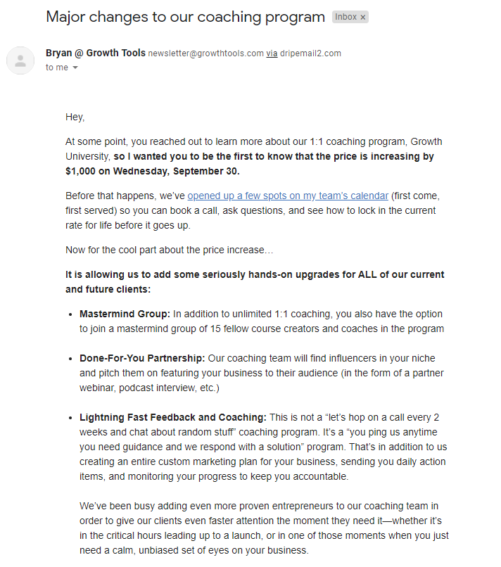 Major changes to our coaching program > price increase