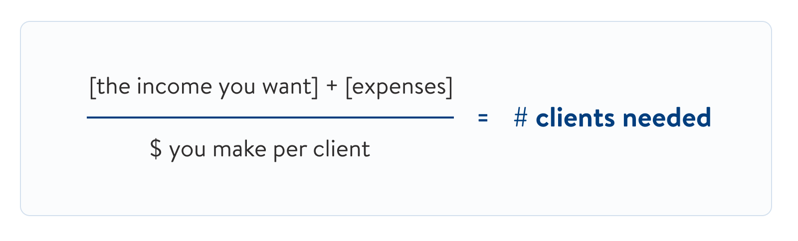 Take the income you want plus your expenses divided by the money you make per client = the number of clients needed.