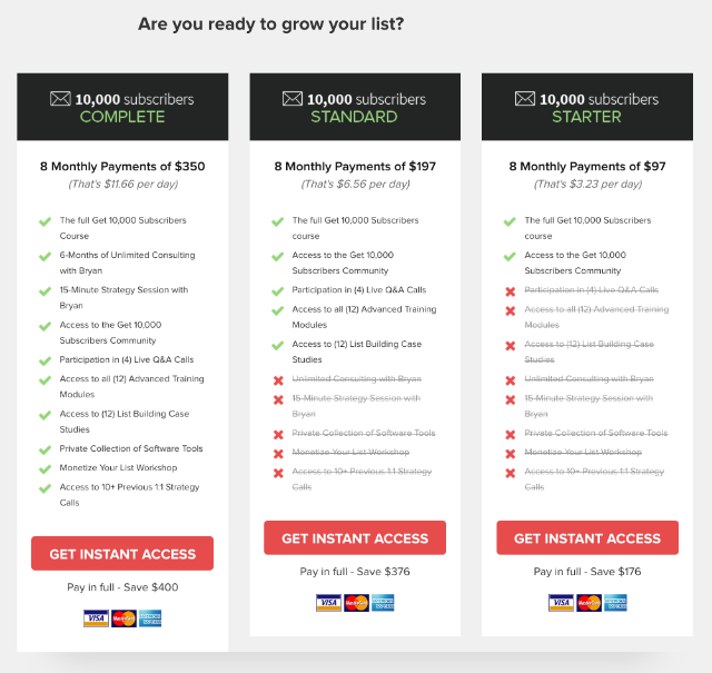 A 3-tiered pricing structure works best, as shown here.