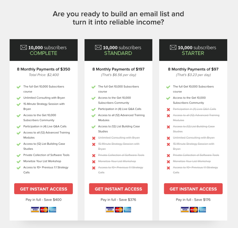 Having 3 tier options is a great way to make more money for your course, as shown here.
